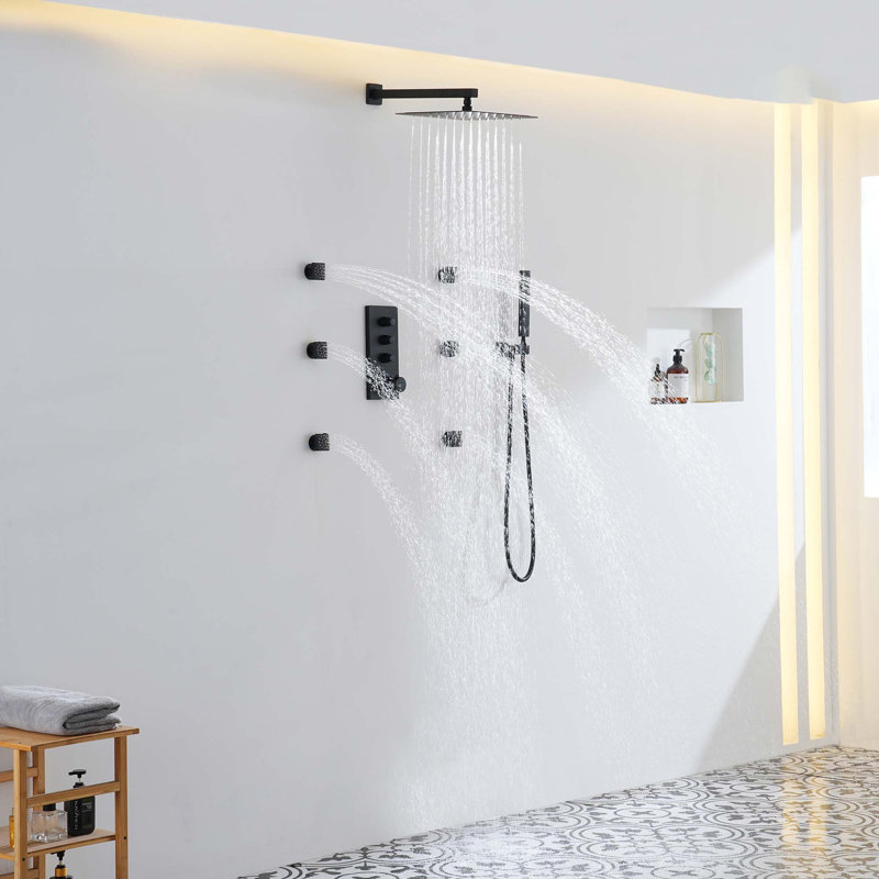 Système de douche thermostatique mural 3 fonctions 12 po, Noir