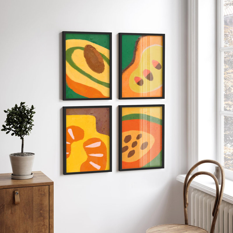 "Décoration murale colorée de fruits abstraits et relaxation", 4 pièces, Noir, H 32 po x l 24 po