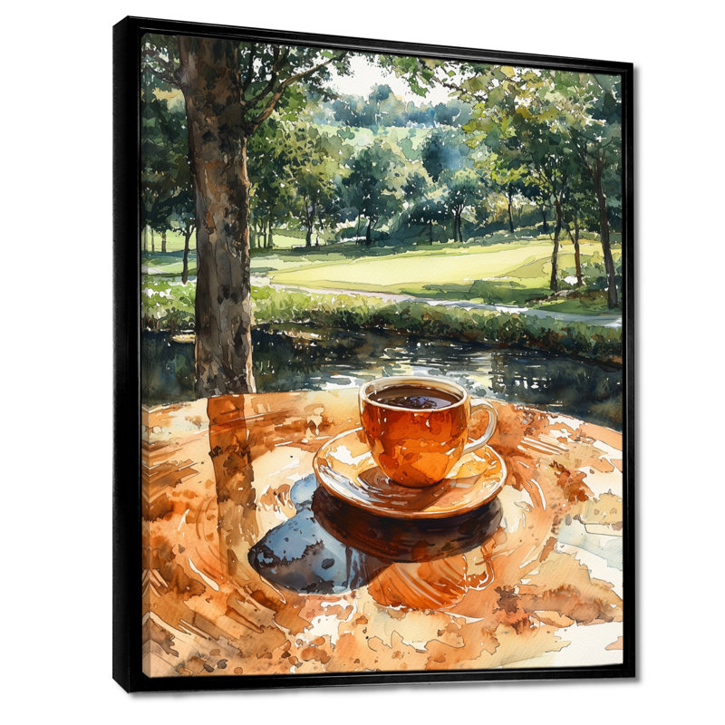 «Coffee Cup At The Golf Court II» - art mural café, H 20 po x l 12 po, Impression encadrée flottante, Noir