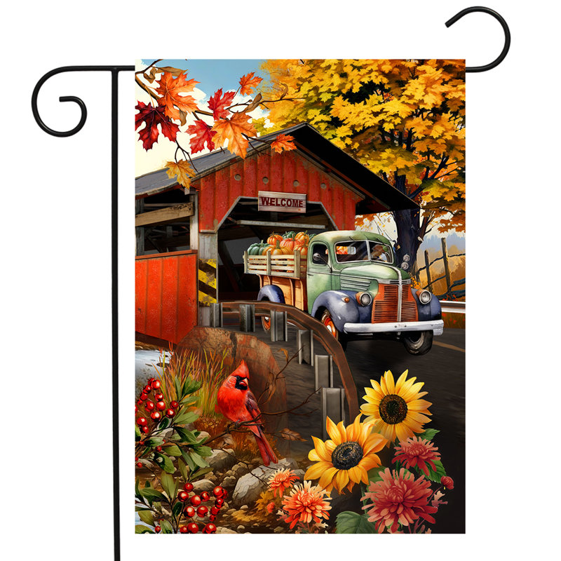 Drapeau d'automne avec pont couvert, Automne rouge/jaune