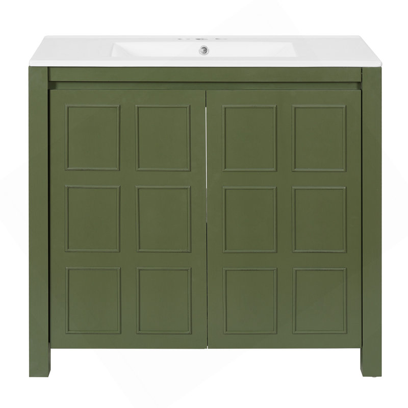 Organisateur de meuble-lavabo 36 po avec lavabo en céramique, ensemble d'armoire de rangement, vert olive (Ancien SKU: SV000004AAF)