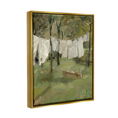 Classic Clothesline Yard Scene Gold Framed Floater Canvas Wall Art by Lettered and Lined