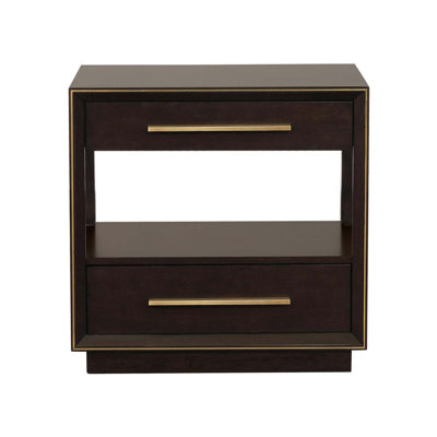 Élégante table de chevet à deux tiroirs avec tablette pour les chambres modernes, avec des poignées de tiroir métalliques allongées et un design structuré