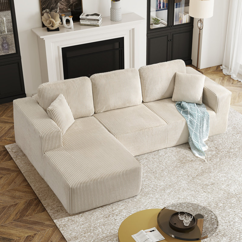 Modern Overstuffed Compression Boneless Corduroy L-Shaped Sectional Sofa With Chaise For Living Room - No Need Assembly