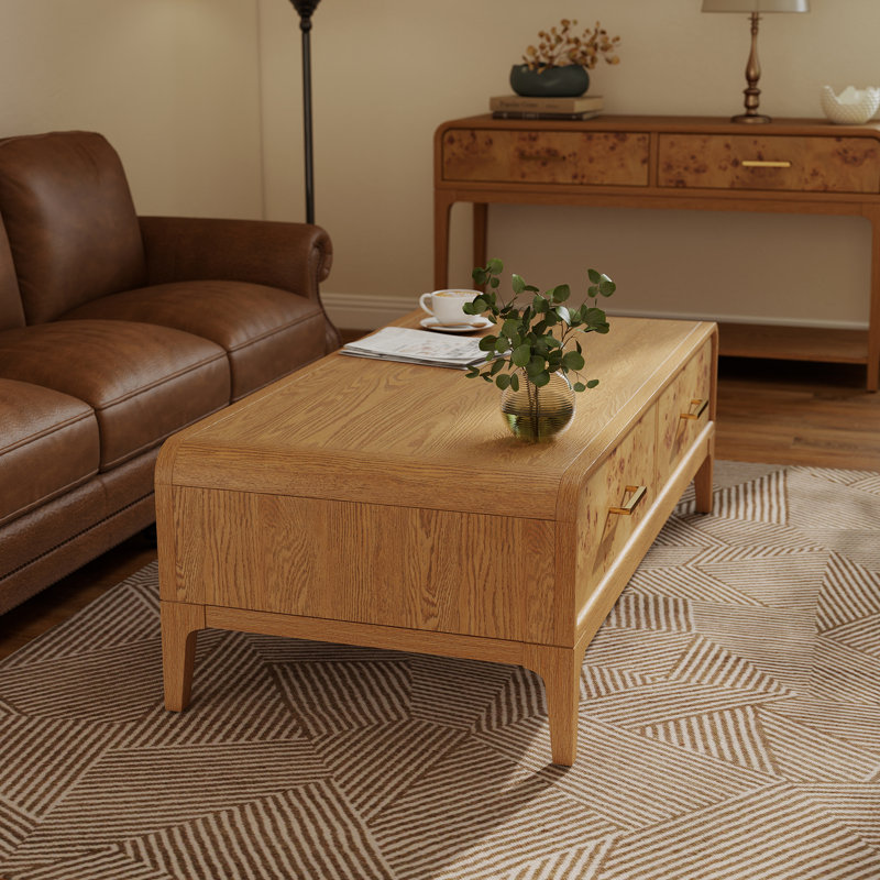 Adden Mid-century Modern 2-drawer Coffee Table With Figured Burl Veneer Fronts, Wood Frame & Brass-tone Pulls, Oak Finish