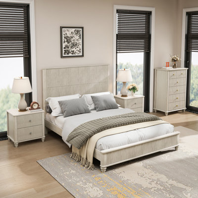 4-Piece Bedroom Set With A Queen Size Bed,2 Nightstands And 5 Drawer Dresser,Beige