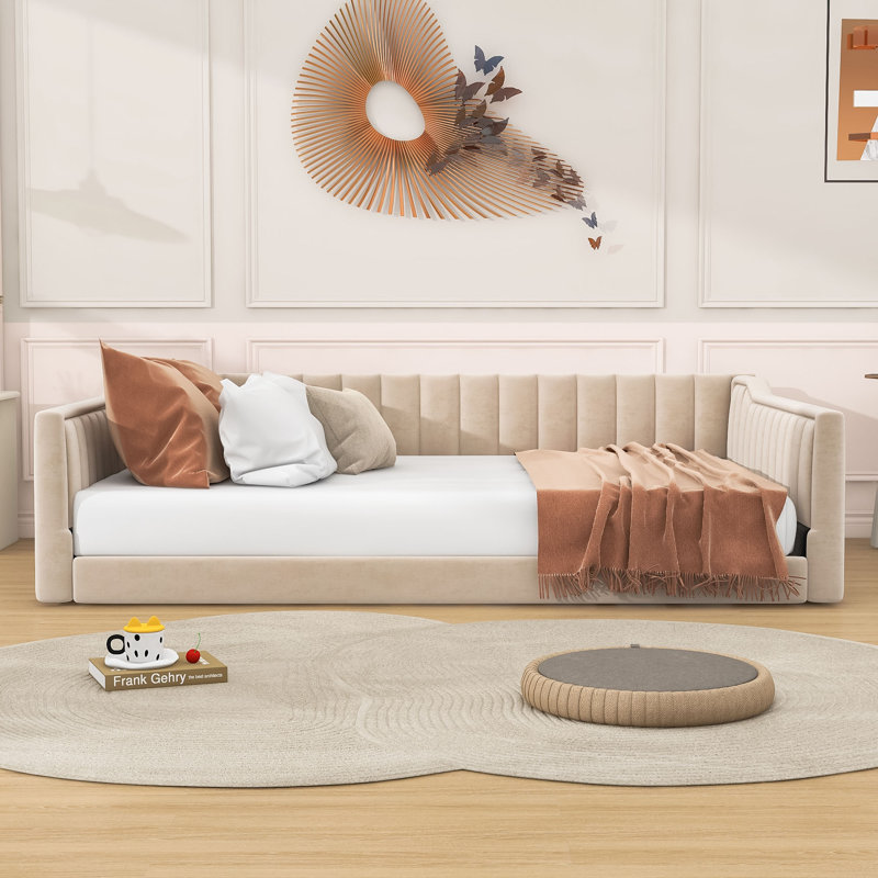 Ensley Upholstered Daybed with Vertical Stripe Design and No Box Spring Required, Full XL, Beige