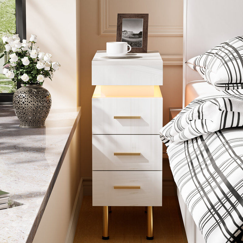 Bedside Table with 3 Drawers, White Bedside Cabinet with Push-Pull Top & RGB LED Light, Wooden Side Cabinet with UK Charging Station 1AC/2USB, Slim Storage Nightstand for Bedroom Living Room, UK Plug