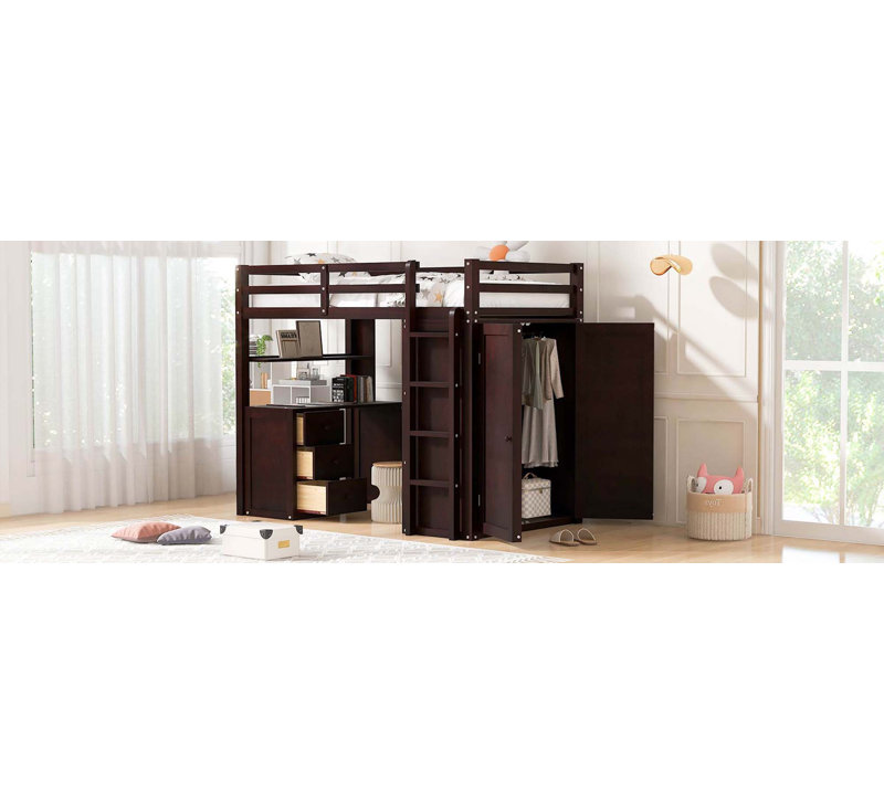 Lit mezzanine avec tiroirs, bureau et garde-robe, Lit simple, Espresso