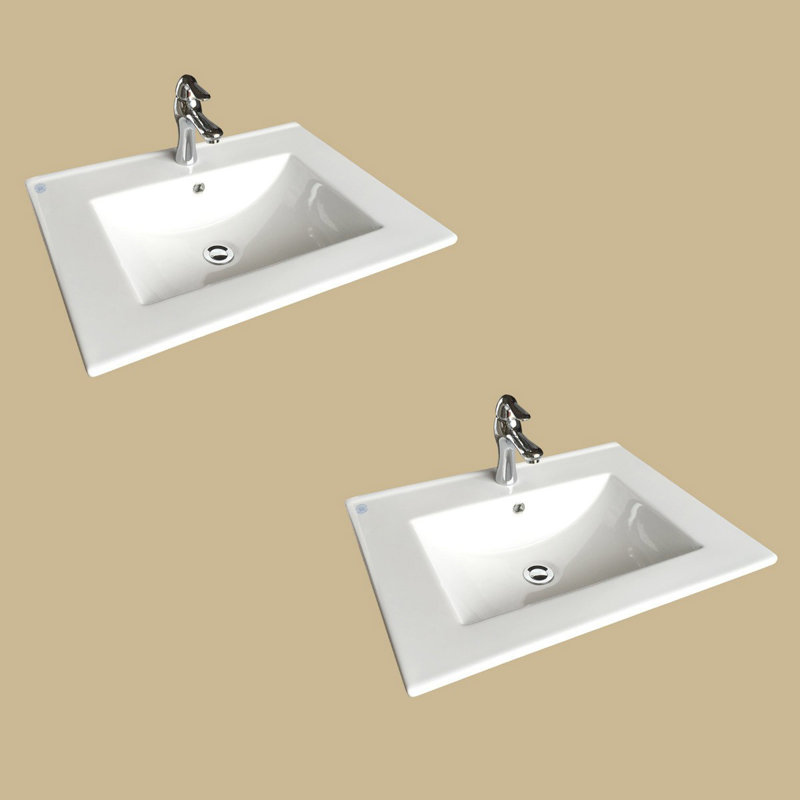 Lavabo de salle de bain carré encastré en porcelaine vitreuse avec robinet et trop-plein