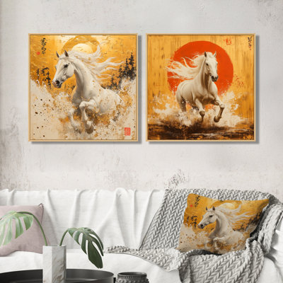 «Japon cheval Windy Plains III», art mural cheval - ensemble d'art mural moderne 2 pièces