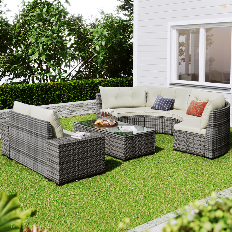 8-Pieces Outdoor Wicker Round Sofa Set, Half-Moon Sectional Sets All Weather, Curved Sofa Set With Rectangular Coffee Table, PE Rattan Water-Resistant And UV Protected, Movable Cushion