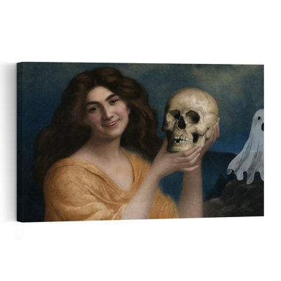 Smiling Woman Holding Skull Gothic Vintage Abstract Portrait Wall Art Print by The Art Concept - Print