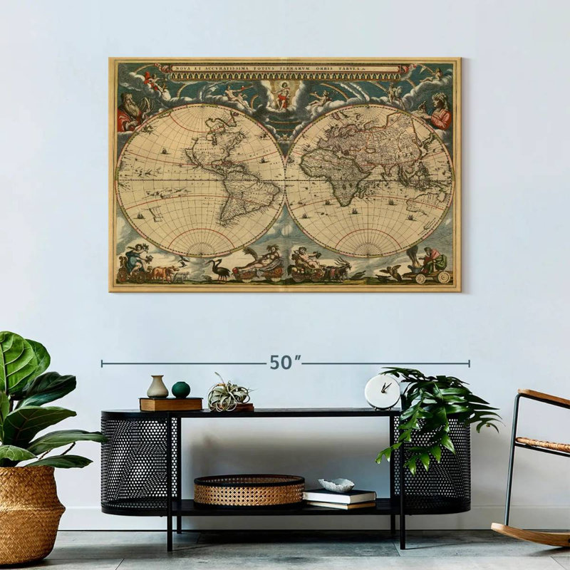 Carte du monde Aliaz des années 1600, H 32 po x l 48 po