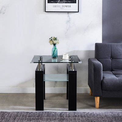 Table de bout 24 po x 24 po x 24 po avec plateau en verre transparent, Aura de maison moderne, finition brillante noire, acier inoxydable, table d'appoint à plateau trempé, décor, tablette brillante