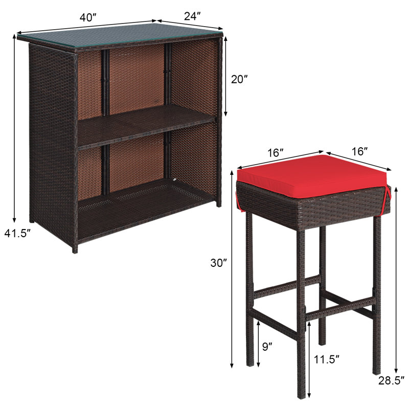 Cahmari 2 - Person Patio Dining Set with Rectangular Table , Cushions Included, Red