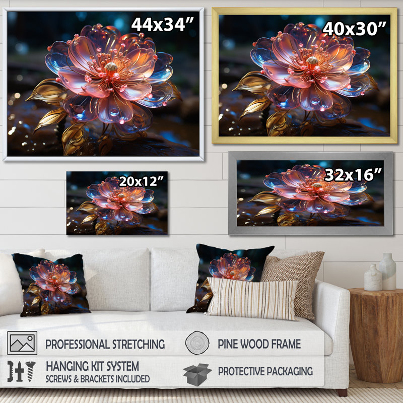 Fleurs de cristal rose sur toile, Cadre flottant blanc, H 30 po x l 40 po x P 1,5 po