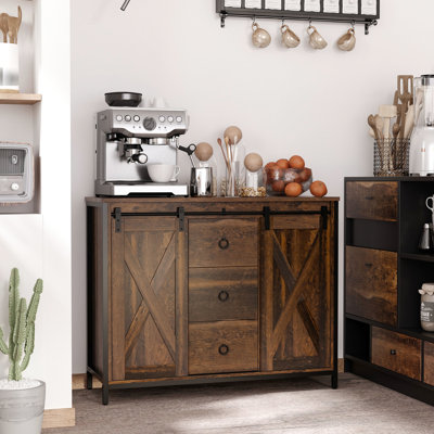 Industrial Buffet Cabinet, Rustic Brown Style With Sliding Barn Doors, Three Drawers And Adjustable Shelves Cabinet - Design 3 Drawers, For Home Chic