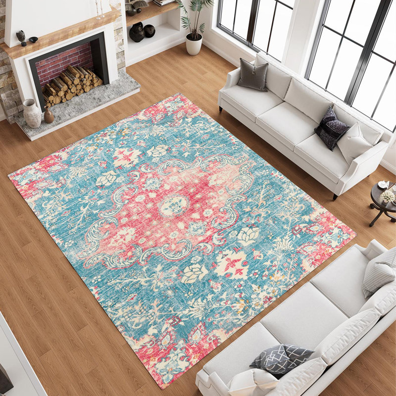 Juanelle Performance Washable Indoor Rug, Retangle 8' x 10', Turquoise & Pink