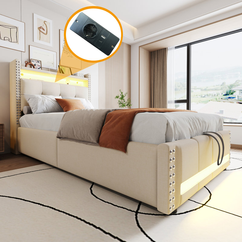 Upholstered Bed, Beige