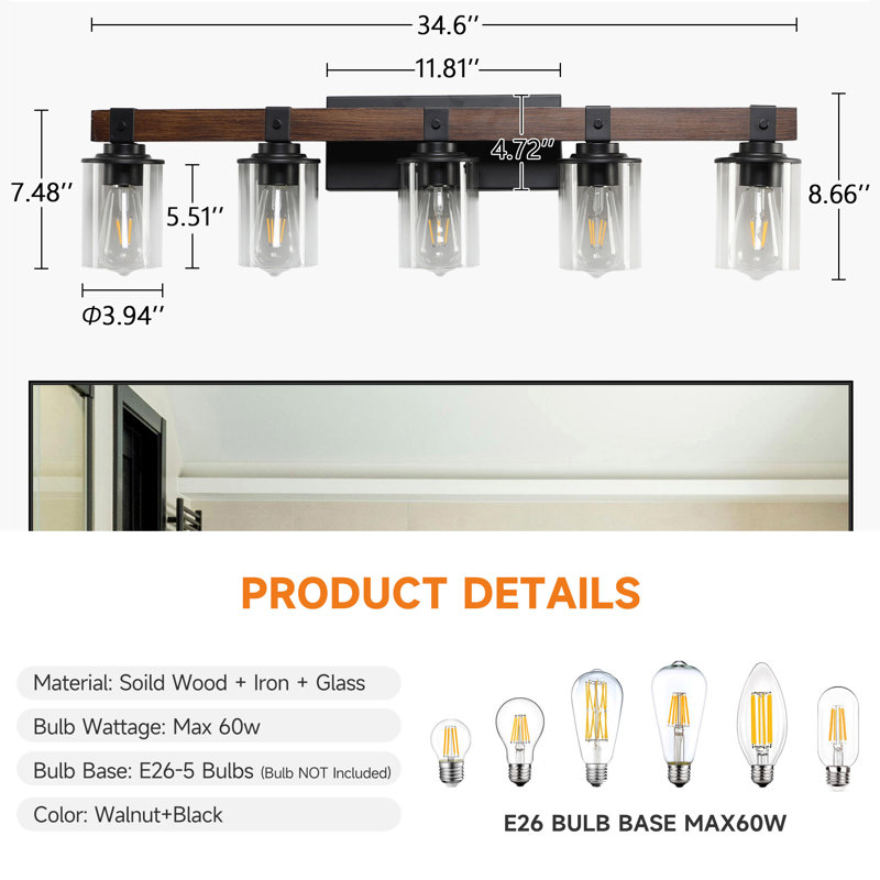 5 lumières de meuble-lavabo à intensité variable 5 lumières, bois massif résistant à l'humidité et métal noir, abat-jour en verre transparent, style industriel