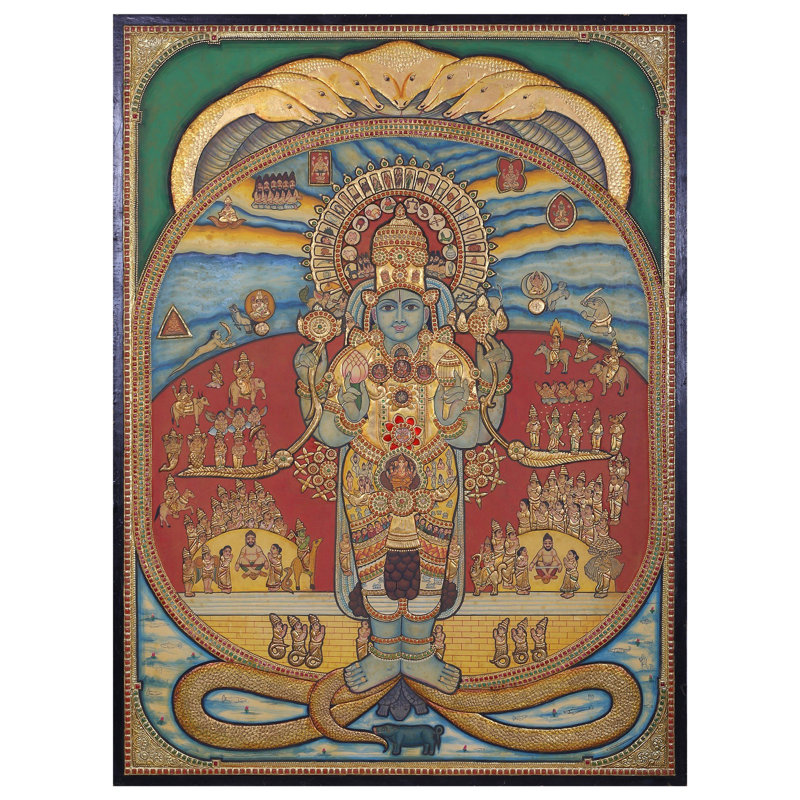 La forme cosmique du dieu Krishna | Couleurs traditionnelles avec or 24 carats | Avec cadre