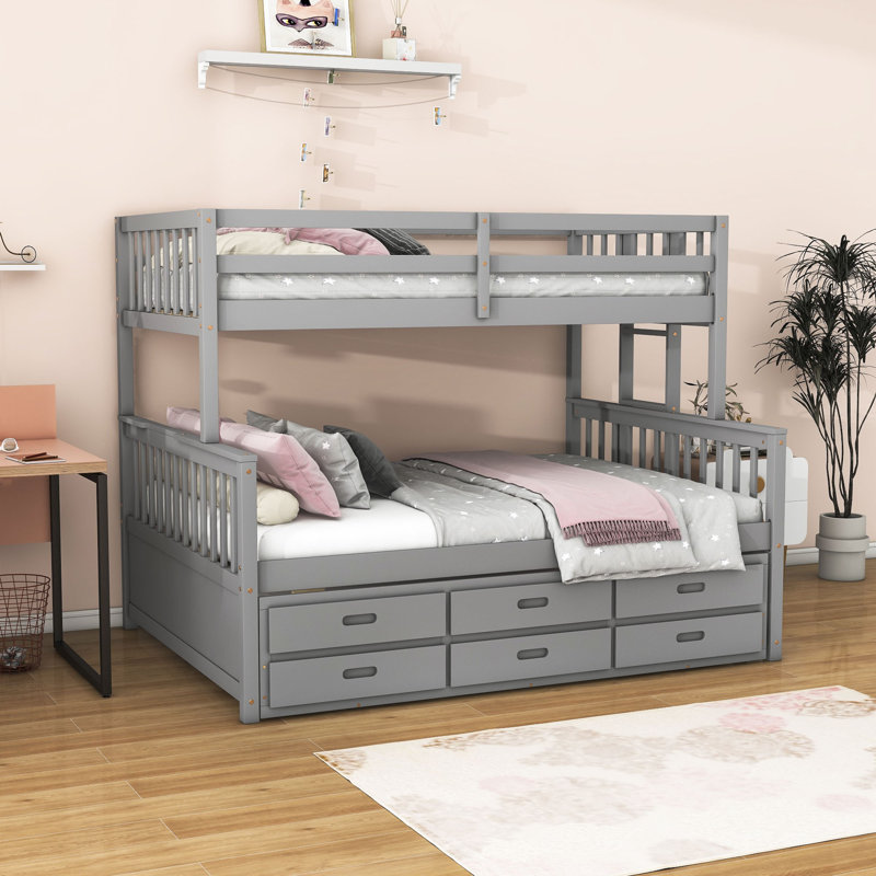 Figueredo Kids Twin Over Full Bunk Bed with Trundle with Drawers, Gray
