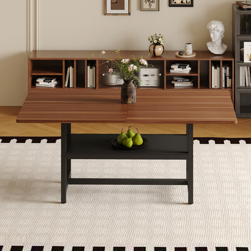 Table de salle à manger 71 po x 35,4 po avec plateau de rangement en bois aggloméré texturé noir, Noyer