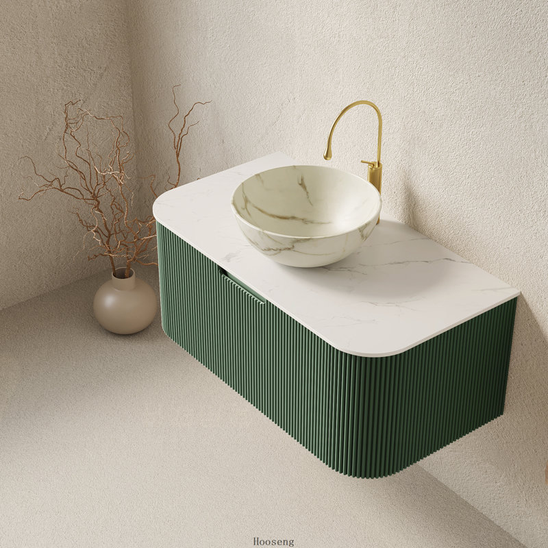 Meuble-lavabo flottant vert foncé 36 po avec armoire à rayures courbées, lavabo en céramique blanc mat et comptoir en pierre