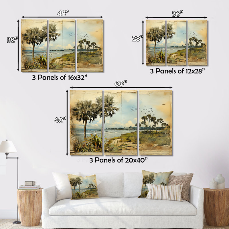 Bord de mer, art mural sur toile, décor de collage rétro de la Floride - collage de palmiers de la Floride rétro et plage IV