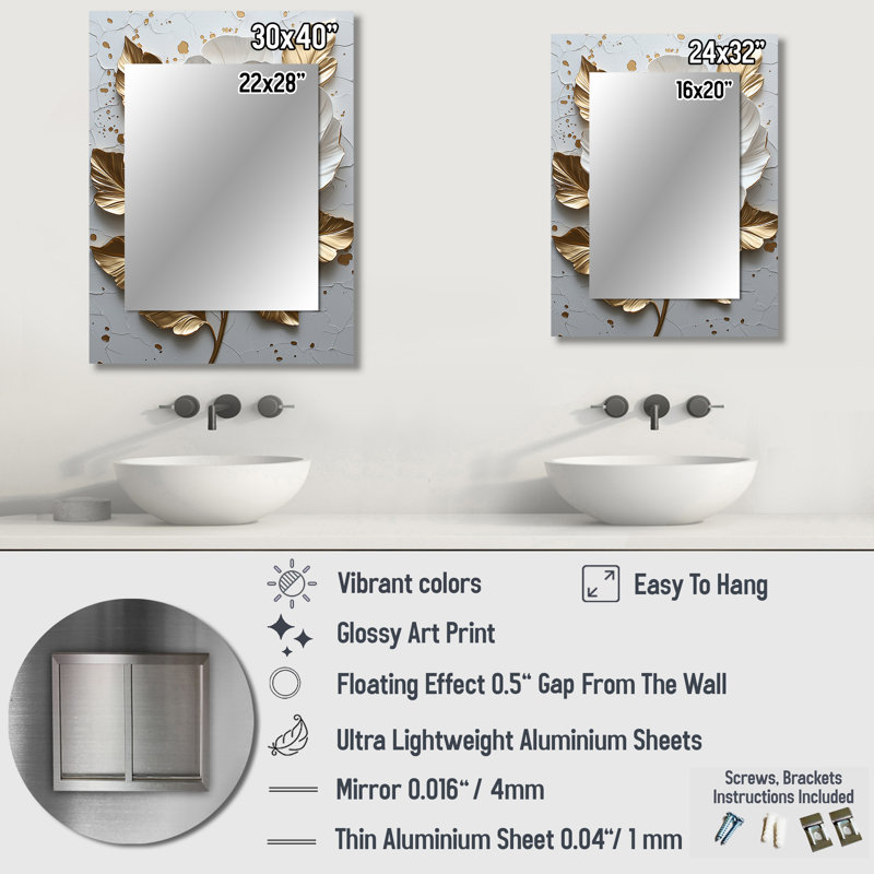 White And Gold Peony Blooming III - Peony Unique Mirror, White Large Wall Mirror, Printed Metal Art, 32" x 24"