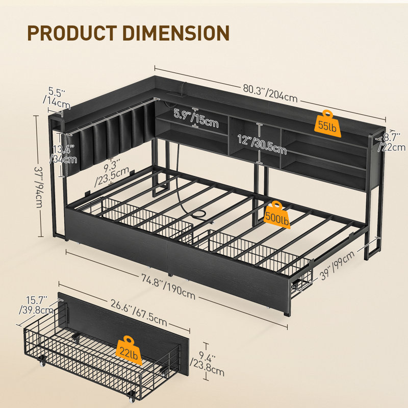 Corner Bed Frame with Bookcase Storage and PU Upholstered, Twin Daybed with 2 Drawers and Charging Station, Black