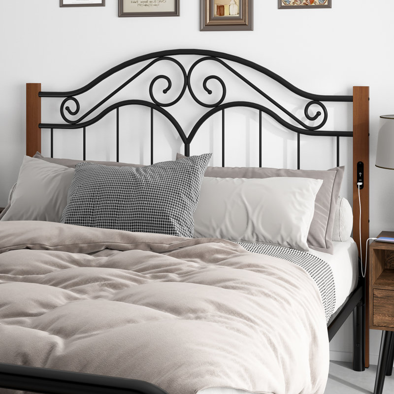 Vintage Platform Bed Metal Like Wood Headboard, Queen