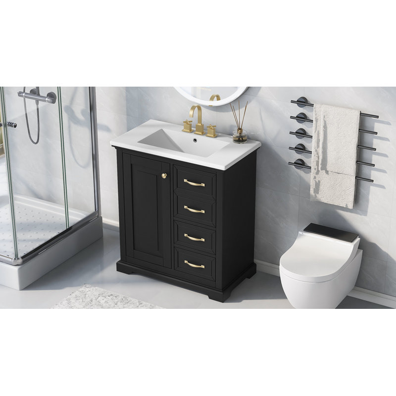 Meuble-lavabo avec lavabo et trois tiroirs, Noir, noir, noir, noir