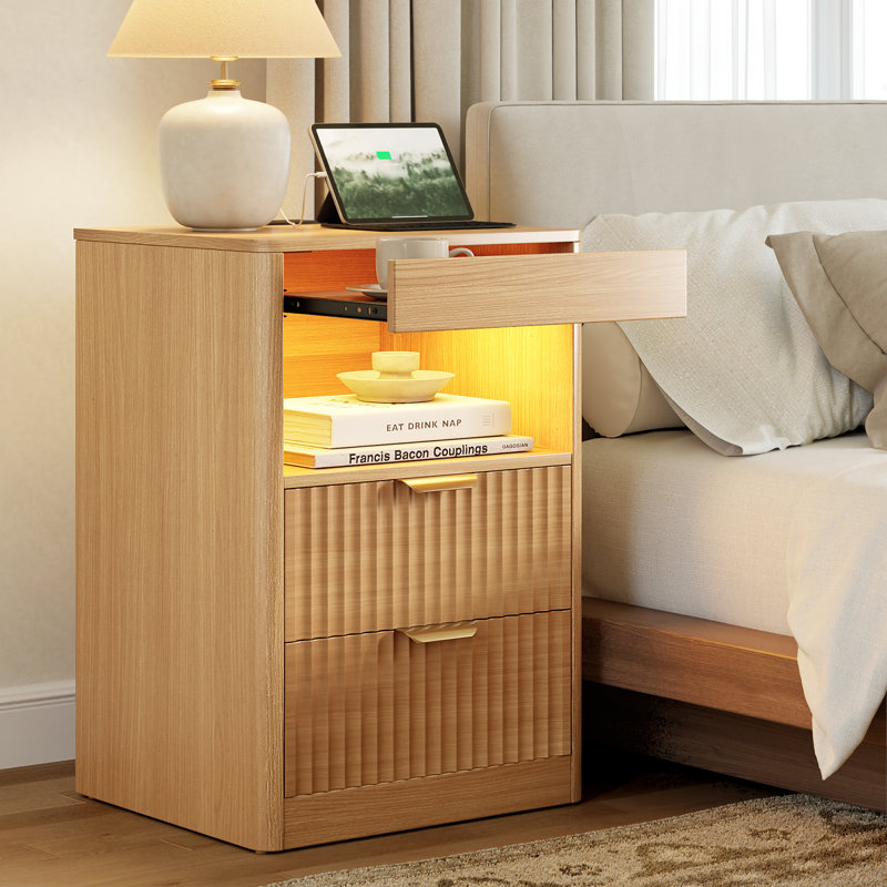 Modern Nightstand with 2-Drawers & Open Shelf, LED Nightstand with Built-in Charging Station,Suitable for Bedroom, Set of 2