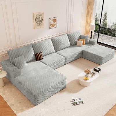 Canapé 135 po en forme de U avec repose-pieds, repose-pieds convertible, canapé-lit modulaire en velours côtelé pour salon, canapés en mousse à siège profond sans assemblage, méridienne orientée vers la gauche / la droite