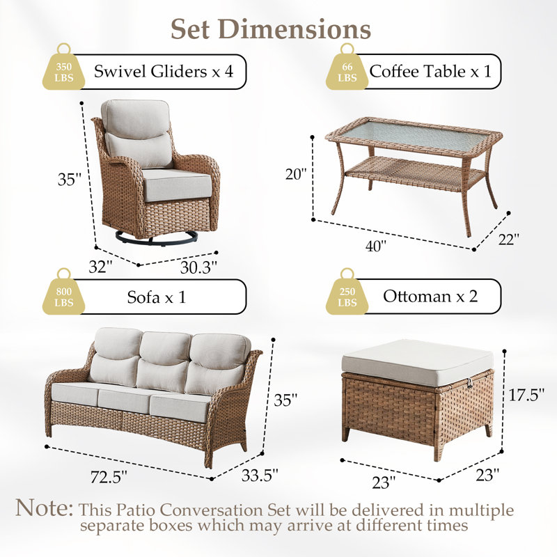 Carolina 8-Piece Wicker Outdoor Patio Furniture Set With Sofa、4 Swivel Chairs And Coffee Table, Beige