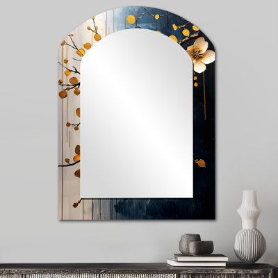 Or doré, branches de cerisier en fleurs III - miroir mural cerise en fleurs, miroir décoratif asymétrique traditionnel, impression sur métal