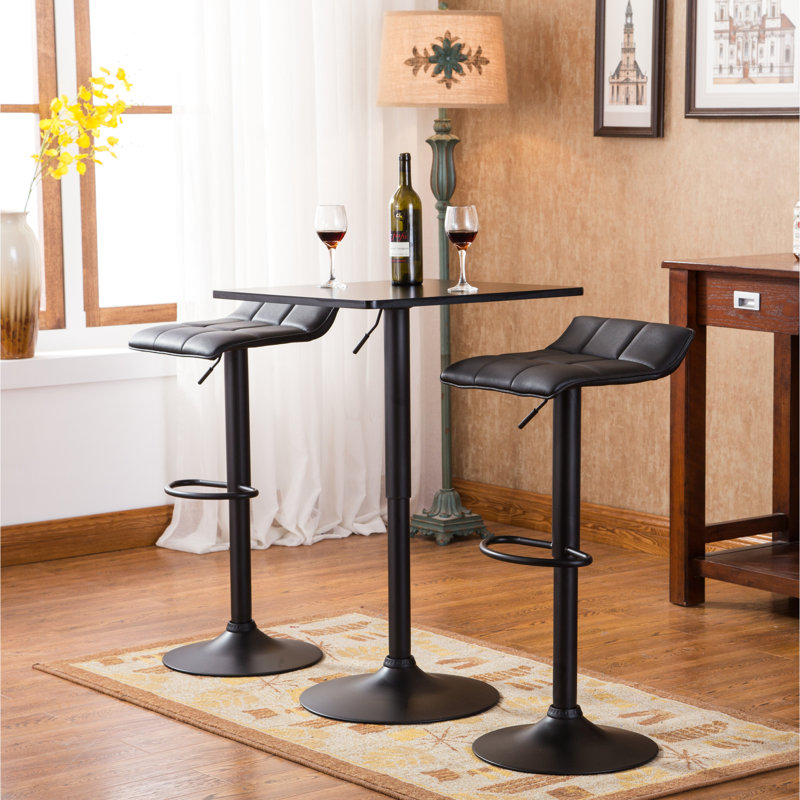 Table de bar à hauteur réglable avec plateau carré noir et 2 tabourets pivotants en cuir pivotant pour le bureau