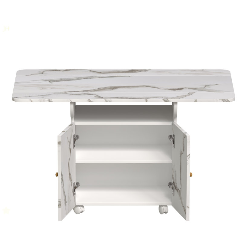 Table de salle à manger pliante en bois de 47 po avec support de rangement et armoire, table d'entrée amovible à 6 roulettes, îlot de cuisine en marbre blanc, table d'appoint et table basse Polyvalente