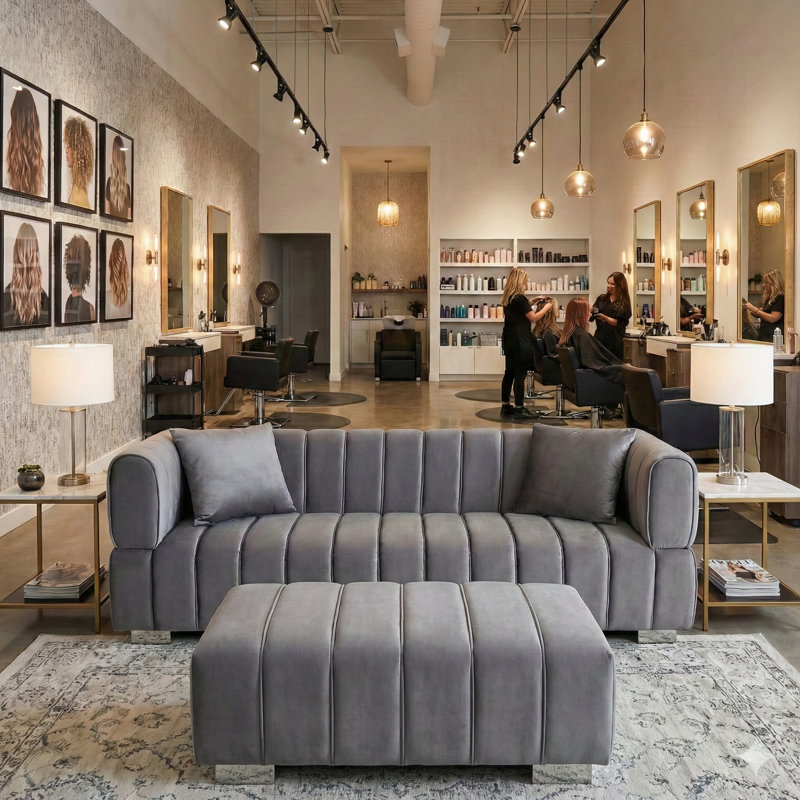 Luna, Channel-Back Velvet Sofa with Ottoman, Gray