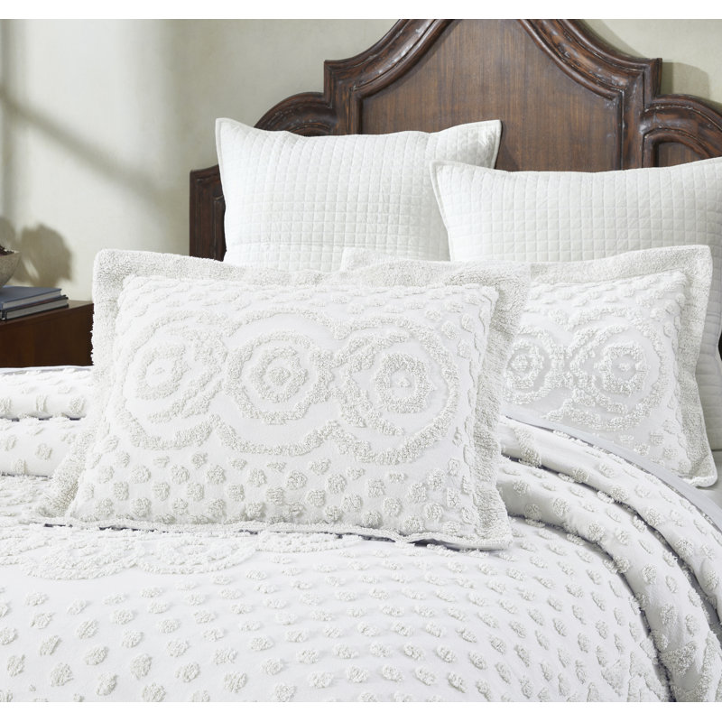 Heirloom 100% Cotton Chenille Tufted Standard Pillow Sham, Medallion Design, Soft Breathable Decorative Pillow Cover, OEKO-TEX Certified, Machine Washable, All-Season, 21" x 27", White