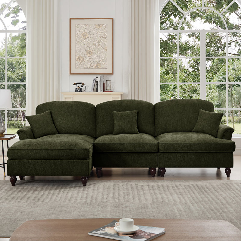 Canapé modulaire en forme de L à trois places Mid-Century avec accoudoirs évasés et volants amovibles, avec jupes plissées et pieds fuselés, canapé à 3 places en chenille confortable avec repose-pieds mobile, vert