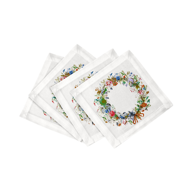 Wreath Flowers Hemstitch Cocktail 6" Linen/Cotton Napkin, Orange