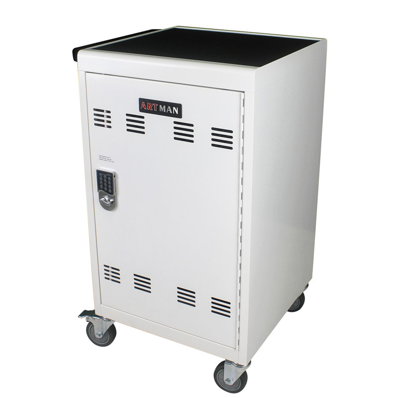 Mobile Charging Cart And Cabinet For Tablets Laptops 30-Device With Combination Lock, Antique White