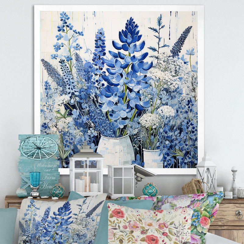 Bonnets bleus dans un vase harmonie minimalisme - Bonnets bleus, salon d'art mural FDP107242, H 30 po x l 30 po x P 1 po