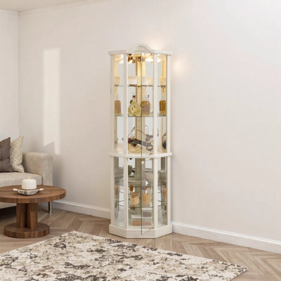 Lighted Corner Curio Cabinet with Carved Crown Decoration, White Glass Display Cabinet with Adjustable Shelves and Anti-Toppling Device
