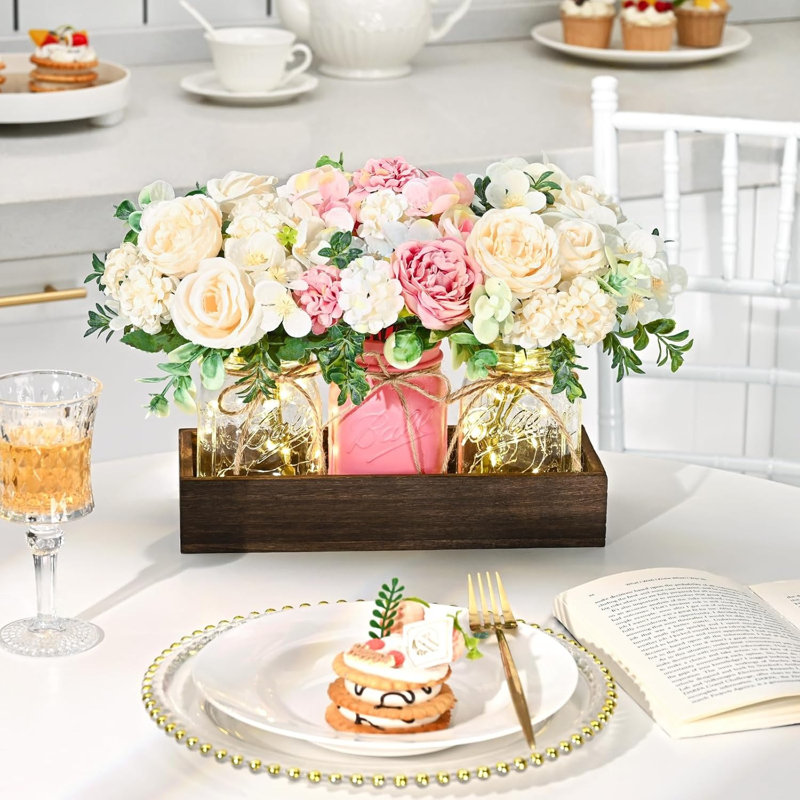 Centre de table 3 pièces Mason Rose avec plateau en bois