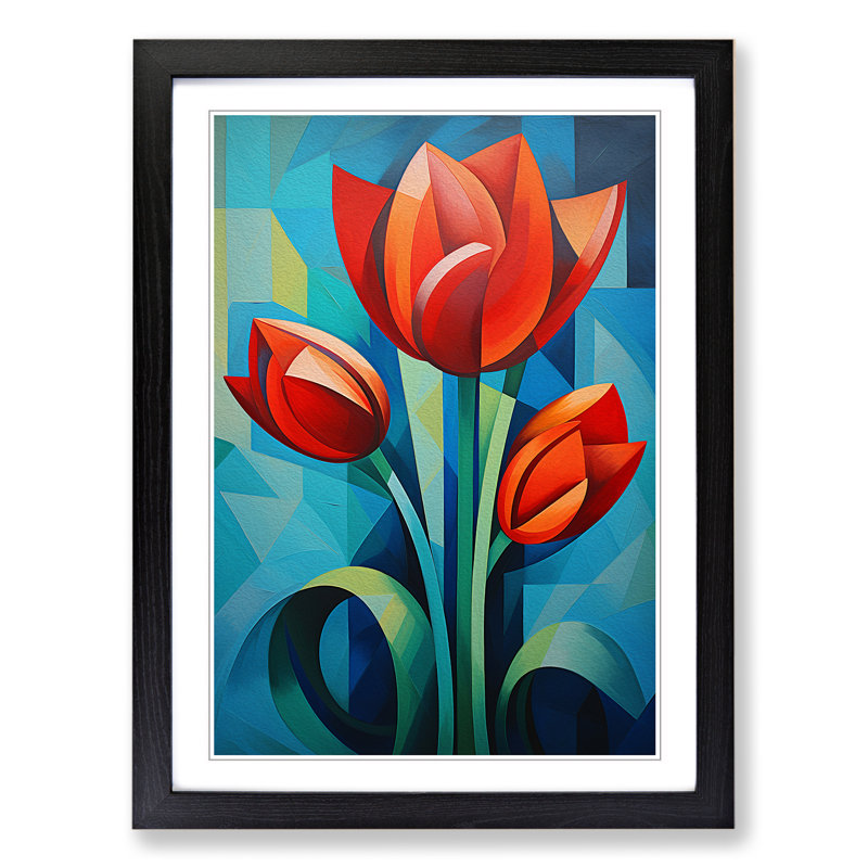 Tulip Flower Constructivism No.2 - Single Picture Frame Print on Wood, 64cm H x 46cm W, Black Framed