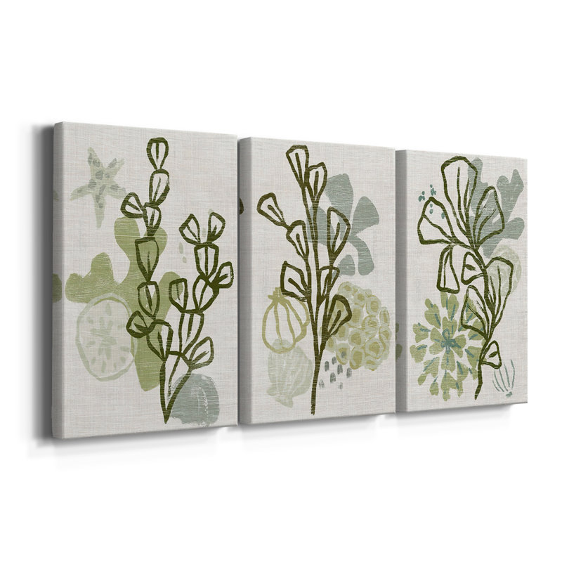 Coral Blockprint I - Toile tendue avec châssis sur mesure - 3 pièces, H 36 po x l 72 po